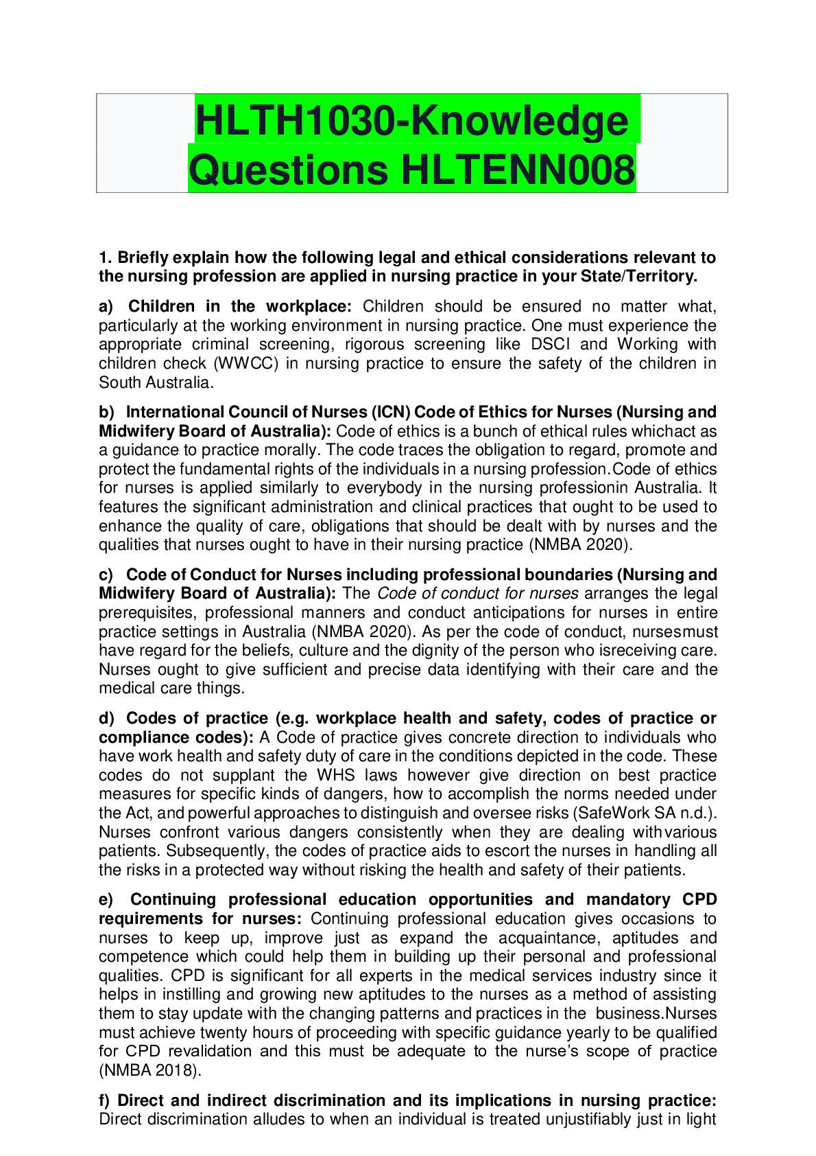 Preview image of HLTH1030-Knowledge Questions HLTENN008 document